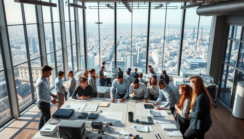 A bustling French engineering office, flooded with natural light from floor-to-ceiling windows. In the foreground, a group of young professionals collaborating over a large desk, surrounded by cutting-edge technology and engineering schematics. The middle ground showcases a diverse team of engineers, some deep in thought, others engaged in lively discussions. In the background, a panoramic view of a vibrant city skyline, hinting at the scope and impact of the company's work. Sophisticated lighting creates a sense of professionalism and innovation, while the clean, modern aesthetic conveys the prestige of this leading French engineering firm.