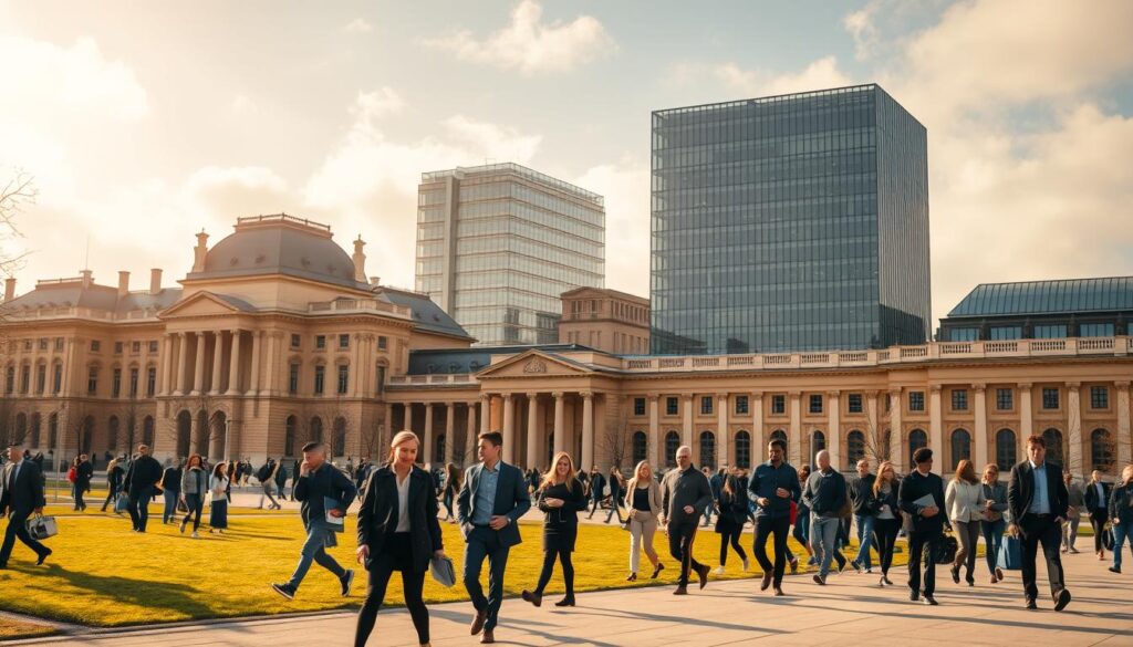 A bustling campus scene showcasing the diverse engineering schools of France. In the foreground, students in professional attire stride purposefully across a manicured quad, some carrying laptops and engineering design documents. The middle ground features grand, neo-classical university buildings in warm, golden hues, their ornate facades and columns reflecting the institutions' long heritage. In the background, a modern high-rise lab complex rises, its sleek glass and steel facades symbolizing the cutting-edge research and industry partnerships within. Diffused, warm lighting filters through wispy clouds, creating a sense of aspiration and opportunity. The overall composition conveys the prestigious role of French engineering schools in preparing the next generation of innovators and industry leaders.