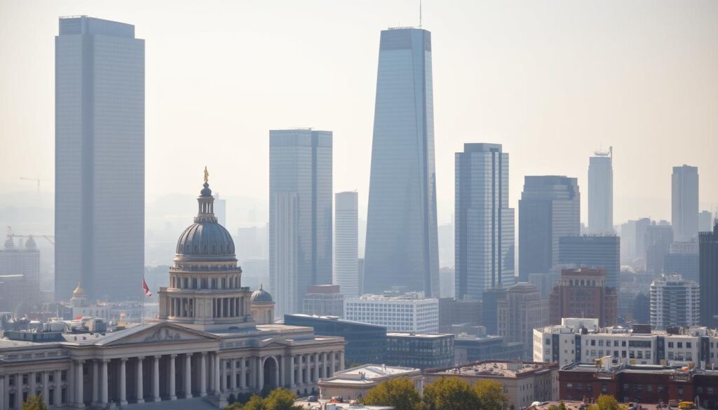 A bustling cityscape depicting the contrast between the public and private sectors. In the foreground, grand government buildings with imposing facades stand tall, exuding an air of authority and tradition. In the middle ground, sleek modern skyscrapers housing corporate headquarters rise up, their glass and steel exteriors gleaming in the sunlight. The background features a mix of residential and commercial structures, representing the diverse fabric of the city. Soft, diffused lighting creates a sense of balance and harmony, while a slightly hazy atmosphere suggests the complexities and interconnectedness of these two distinct realms. The overall composition aims to convey the dynamic relationship and subtle tensions between the public and private spheres.