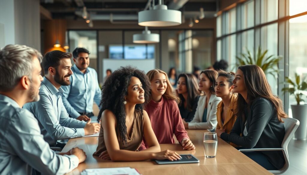A bustling corporate office scene in 2025, with professionals of diverse backgrounds engaged in animated discussions around a long conference table. Soft, warm lighting casts a professional ambiance, while sleek, modern furniture and floor-to-ceiling windows suggest a progressive, innovative workplace. In the foreground, a group of interns listen intently, their faces reflecting a mix of curiosity and optimism about the compensation trends being presented. The overall mood conveys a sense of collaboration, transparency, and a shared vision for the future of internships and entry-level roles.