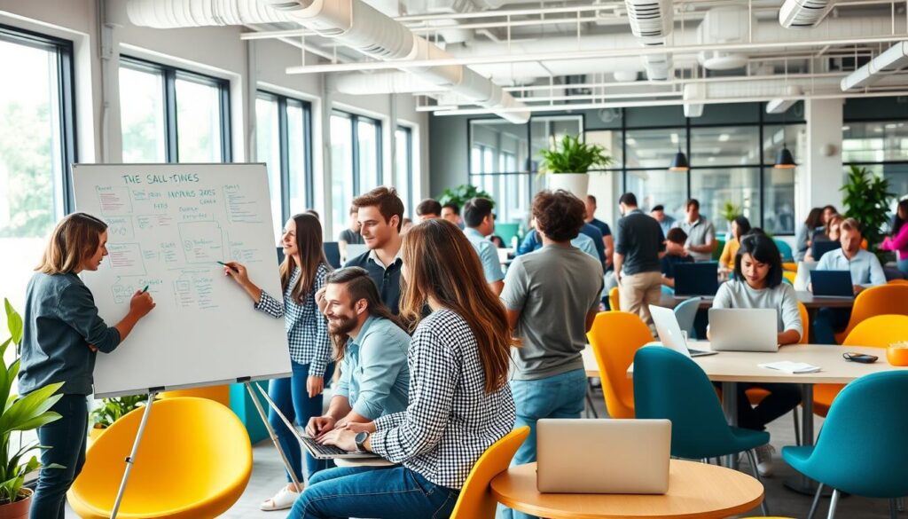 A bustling coworking space filled with young professionals collaborating on various projects. In the foreground, a group brainstorming around a whiteboard, their faces animated with ideas. In the middle ground, individuals typing away at their laptops, immersed in their work. The background showcases a modern, airy design with large windows, allowing natural light to flood the room. Vibrant, colorful accents and ergonomic furniture create an inspiring, productive atmosphere. The scene conveys a sense of energy, creativity, and meaningful work as alternatives to unpaid internships.
