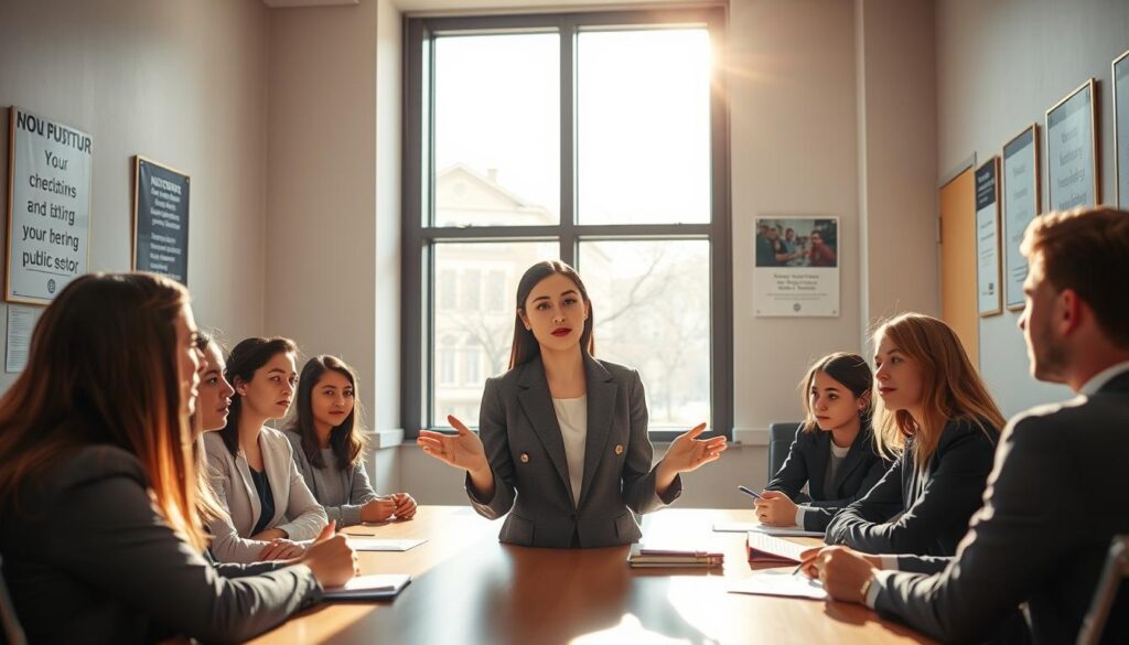 A bustling government office, sunlight streaming through large windows, illuminating a group of young professionals in formal attire gathered around a conference table, engaged in animated discussion. On the walls, motivational posters and notices about internship opportunities. In the foreground, a young woman in a smart blazer gestures as she presents to her colleagues, while others take notes. The scene conveys a sense of purpose, professionalism, and the potential for growth within the public sector.