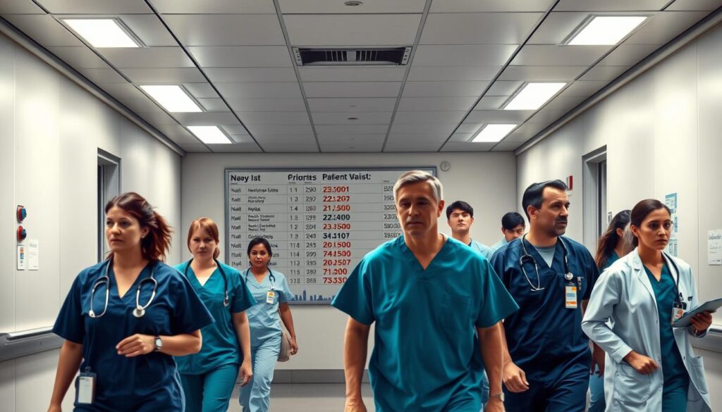 A bustling hospital hallway, fluorescent lights casting a sterile glow. In the foreground, medical professionals in scrubs and lab coats hurry past, faces etched with concern. The middle ground reveals a board displaying crowded schedules and patient waitlists, symbolizing the strain on specialized departments. In the background, a panoramic view of the city skyline, a reminder of the broader healthcare landscape. The atmosphere is one of tension and urgency, as the image captures the challenges faced by public hospitals in managing in-demand medical specialties.