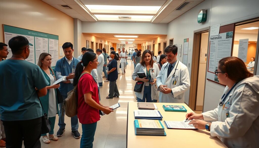 A bustling hospital lobby, bathed in warm lighting and filled with the hustle and bustle of medical staff. In the foreground, a recruitment desk is set up, with clipboards and informational pamphlets neatly arranged. Healthcare professionals in scrubs and lab coats converse with prospective candidates, discussing internship opportunities and the various medical specialties available. In the middle ground, a bulletin board displays job postings and program details, while in the background, hospital corridors and examination rooms can be seen through open doorways, conveying the sense of a thriving, dynamic healthcare environment. The scene captures the essence of the hospital recruitment process, inviting viewers to imagine themselves embarking on a rewarding medical internship journey.