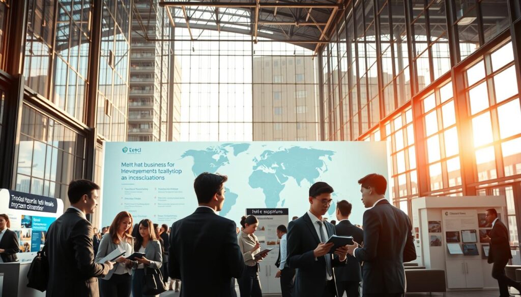 A bustling international business hub, illuminated by warm sunlight filtering through towering glass-and-steel structures. In the foreground, young professionals in sharp suits consult clipboards and converse animatedly, discussing overseas internship opportunities. The middle ground features informational kiosks and displays showcasing a variety of study abroad programs, catering to diverse business and management specializations. In the background, a stylized world map projects a sense of global connectivity, complemented by sleek, modern office furnishings. The overall scene conveys an atmosphere of opportunity, growth, and the promise of international experience for the next generation of business leaders.