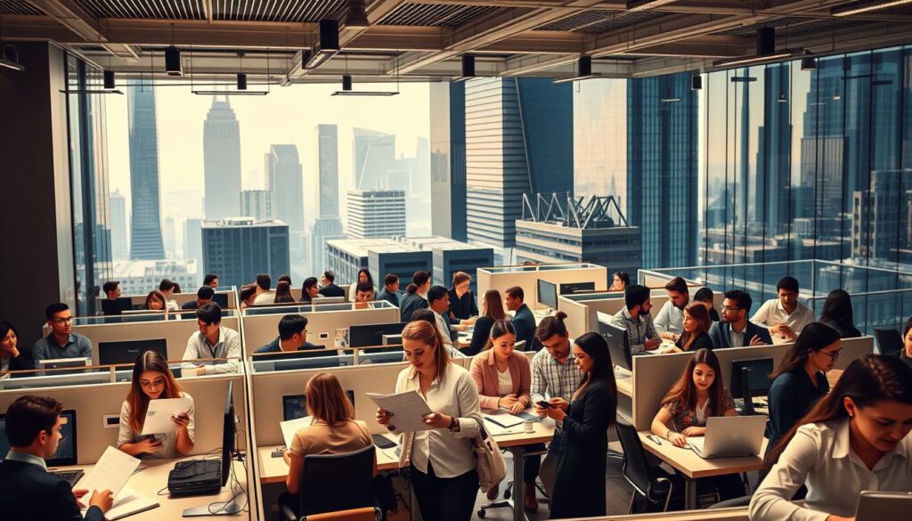 A bustling office scene, showcasing the diverse types of internships available in the modern business landscape. In the foreground, young professionals enthusiastically engage in various tasks, from analytical reports to innovative brainstorming sessions. The middle ground features a mix of cubicles, conference rooms, and collaborative workspaces, each representing a unique internship opportunity. The background is filled with sleek, high-rise buildings, evoking the dynamic urban environment of the corporate world. Warm, directional lighting illuminates the scene, casting subtle shadows and creating a sense of depth and professionalism. The overall atmosphere conveys the excitement, growth, and opportunity that interns can expect to experience in the thriving French job market of 2025.