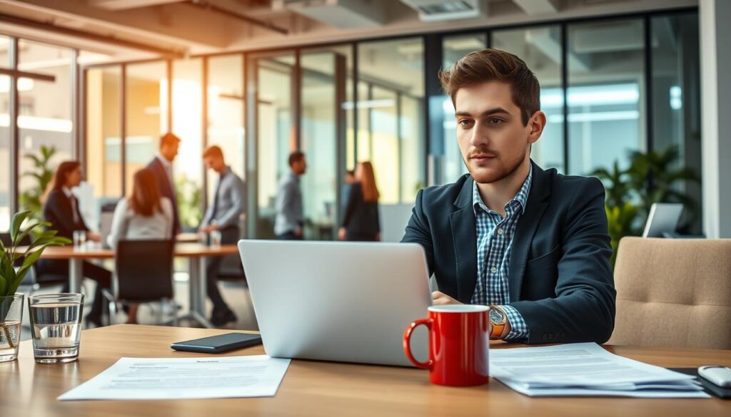 A bustling office scene with a focused young professional searching for a well-paid internship opportunity. The foreground features a desk with a laptop, coffee mug, and résumé documents. The middle ground showcases a team of coworkers collaborating, while the background depicts a modern, glass-walled office environment flooded with warm, natural light. The atmosphere conveys a sense of ambition, productivity, and the pursuit of a rewarding career path, reflecting the title "How to Find a Paid Internship in France: Public vs. Private Sector."