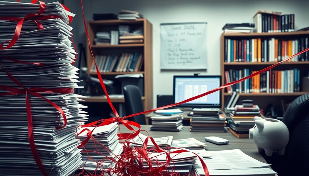 A bustling office scene, with a worker facing a series of obstacles blocking their path to career transition. In the foreground, a towering stack of documents, a tangled web of red tape, and a looming deadline cast a daunting shadow. In the middle ground, a computer screen displays confusing financial calculations, while a stack of bills and a piggy bank symbolize the financial challenges. In the background, a bookshelf filled with career guides and self-help books suggests the worker's quest for knowledge and guidance. Diffused lighting creates a contemplative atmosphere, as the worker navigates these barriers with determination and resolve.