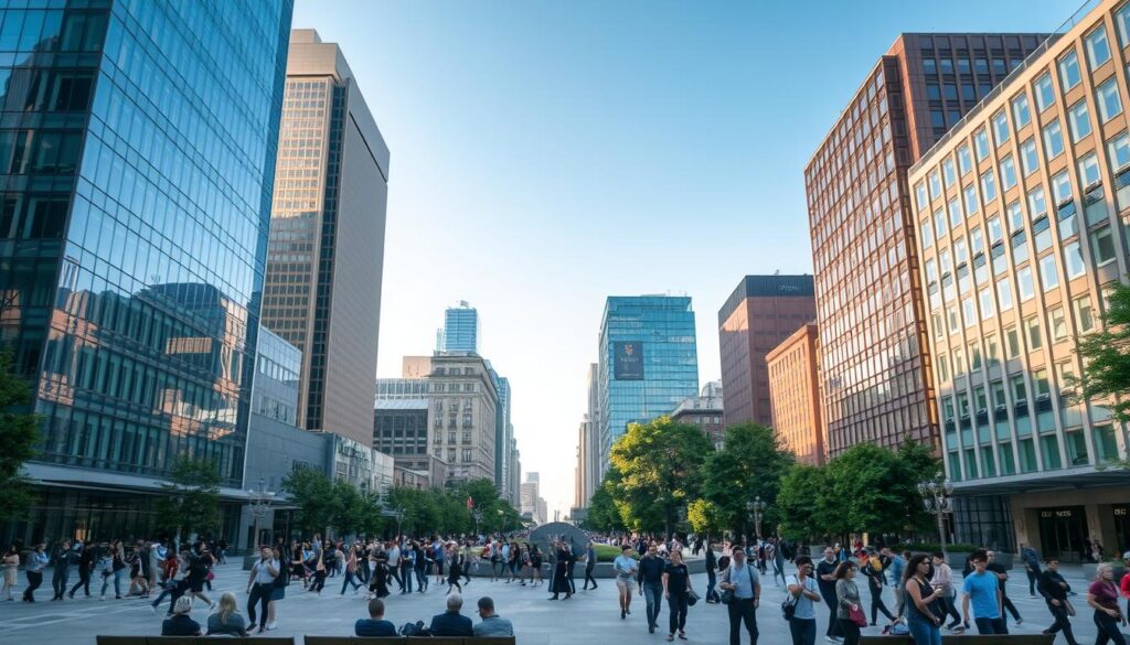 A bustling public square with modern glass and steel buildings, surrounded by lush greenery and a clear blue sky. In the foreground, groups of people gather, some sitting on benches, others walking purposefully. The square is bathed in warm, diffused lighting, creating a welcoming and inviting atmosphere. A variety of architectural styles and textures are visible, from sleek high-rises to more traditional structures, reflecting the diverse and inclusive nature of this public space. The overall scene conveys a sense of community, collaboration, and civic engagement.