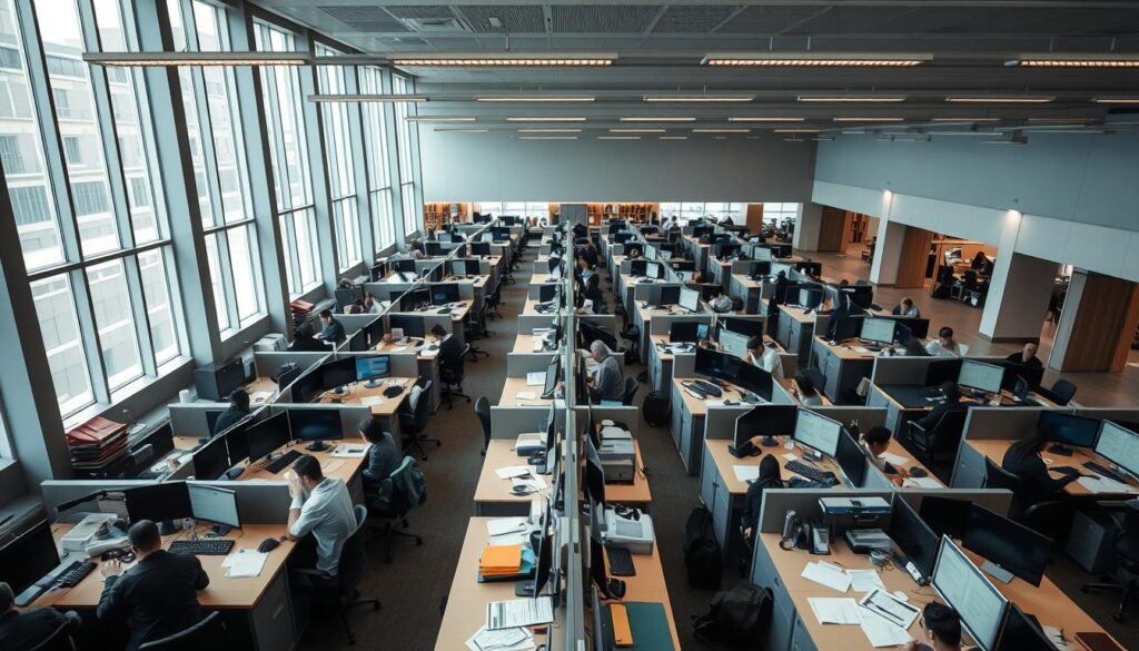 A busy, modern government office interior with rows of desks, computers, and office workers diligently going about their tasks. Soft, diffused natural light filters in through large windows, creating a calm and professional atmosphere. The scene captures the hustle and bustle of public administration, with employees collaborating at workstations and attending to paperwork and digital files. The color palette is muted, with shades of gray, beige, and blue predominating. An air of efficiency and purpose pervades the space, reflecting the serious nature of public service.