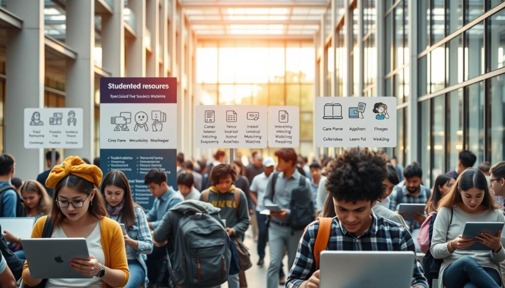 A busy, modern university campus scene showcasing various student-focused websites and platforms. In the foreground, several students are using laptops and mobile devices, immersed in online research and application processes. The middle ground features prominent signage and branding for specialized student resource websites, with icons and illustrations conveying their purpose - career planning, internship matching, academic support, and more. In the background, the campus architecture is visible, with clean lines and glass facades reflecting a tech-savvy, forward-thinking environment. Warm, natural lighting filters through, creating a sense of productivity and opportunity. The overall mood is one of youthful dynamism, connectivity, and academic ambition.
