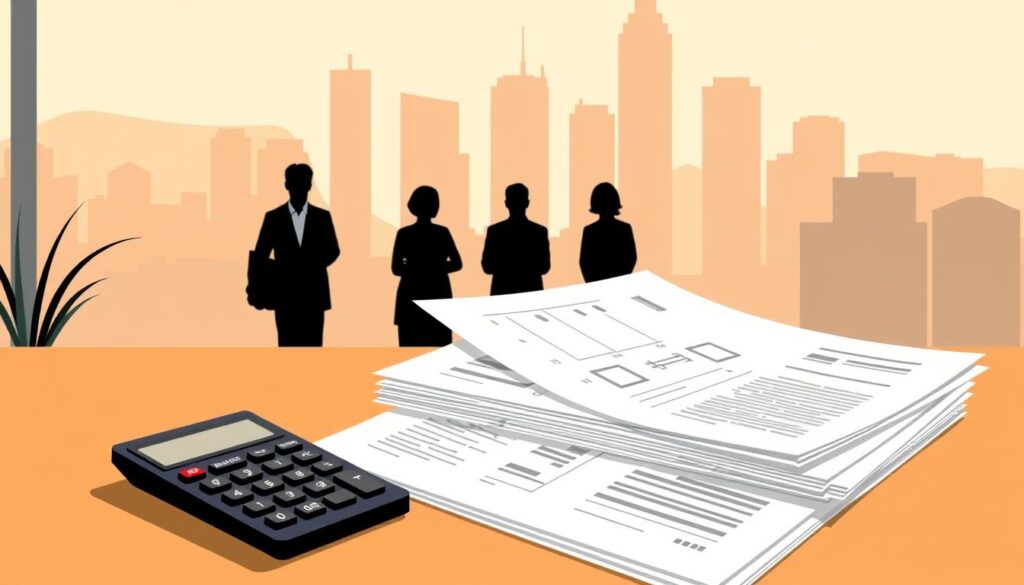 A clean, modern illustration of financing options for a professional skills assessment. In the foreground, a stack of financial documents and a calculator sit on a desk, conveying the analytical and financial aspects. In the middle ground, three silhouetted figures represent the different funding sources - government, employer, and personal investment. The background features a minimalist cityscape in warm, muted tones, suggesting the broader career and life context. Bright, natural lighting creates a sense of clarity and possibility. The overall composition is balanced and visually appealing, supporting the informative purpose of the image.