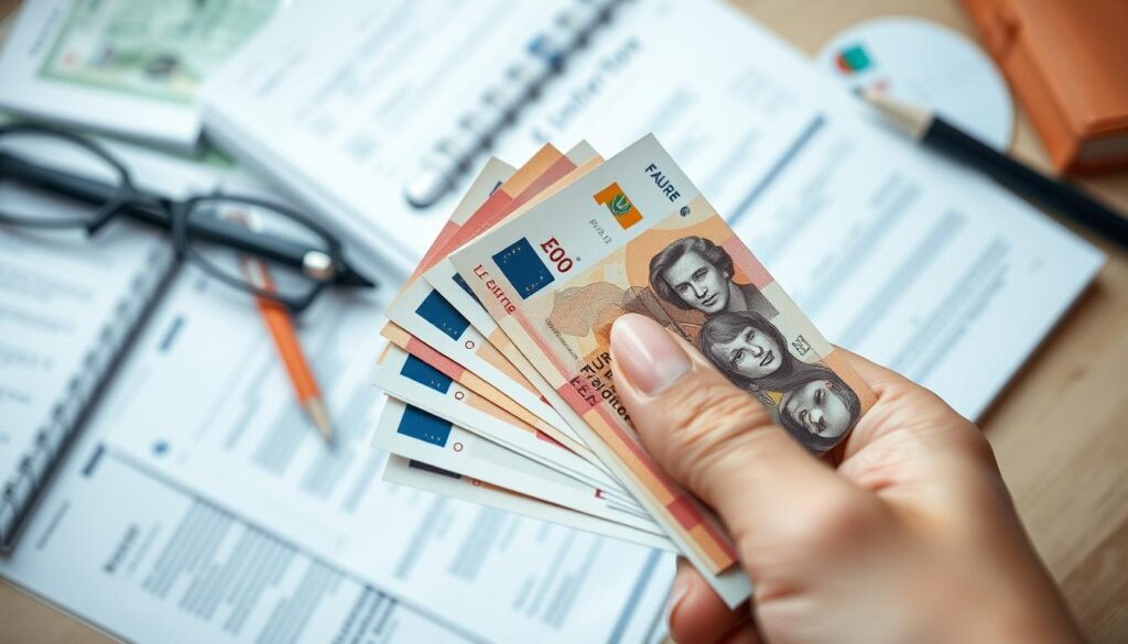 A close-up image of a hand holding French euro banknotes against a blurred background of office supplies, depicting the taxation and financial implications of internship stipends in France. The lighting is soft and diffused, creating a contemplative mood. The composition emphasizes the financial paperwork and documents, hinting at the complex fiscal regulations surrounding internship compensation. The image should convey a sense of professionalism, attention to detail, and the importance of understanding the tax obligations associated with internship allowances in the French context.