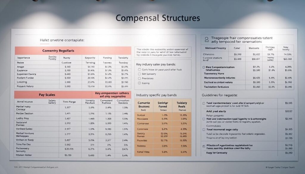 A comprehensive financial chart depicting compensation structures and pay scales, rendered in a professional and visually engaging style. The foreground features a detailed breakdown of various job titles, experience levels, and corresponding salary ranges, presented in a clean and organized layout. The middle ground showcases key industry benchmarks, industry-specific pay bands, and guidelines for negotiating fair compensation. The background subtly blends geometric patterns and muted tones, creating a sense of depth and balance. Lighting is soft and evenly distributed, highlighting the clarity and precision of the data visualizations. The overall composition conveys a sense of authority, expertise, and practical utility for individuals navigating the complexities of salary negotiations.