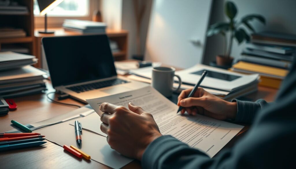A cozy office setting, illuminated by warm, diffused lighting. On a cluttered desk, a laptop, a stack of folders, and a mug of coffee sit alongside a carefully arranged assortment of stationery - pens, highlighters, and sticky notes. In the foreground, a person's hands are visible, meticulously reviewing documents and making notes. The background is blurred, creating a sense of focus on the preparation process. The overall mood is one of quiet concentration and diligent preparation for an important interview.