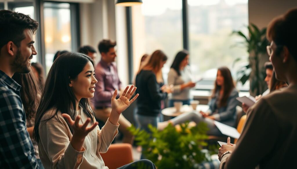 A cozy office setting with a diverse group of young professionals, each sharing their internship experiences. In the foreground, a pair of interns gesticulate animatedly, their expressions conveying the highs and lows of their startup and corporate journeys. The middle ground features a mix of standing and seated figures, some taking notes, others engaged in lively discussions. Warm, diffused lighting filters through large windows, casting a sense of introspection and camaraderie. The background blurs softly, hinting at the broader context of their experiences. The scene exudes a balance of professionalism and personal connection, capturing the essence of the "Expériences vécues" section.