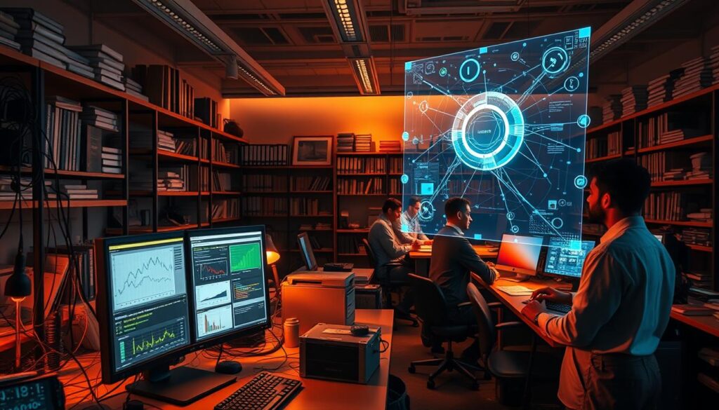 A data science laboratory, bathed in warm, soft lighting. In the foreground, a desktop computer displays intricate visualizations and statistical models, surrounded by a array of sensors and data acquisition devices. The middle ground features a group of data scientists deeply immersed in their work, analyzing complex datasets and discussing insights. In the background, shelves of reference books and technical manuals line the walls, while a large, holographic display showcases the latest AI-driven data analytics. The atmosphere is one of focused concentration, intellectual curiosity, and the relentless pursuit of data-driven discoveries.