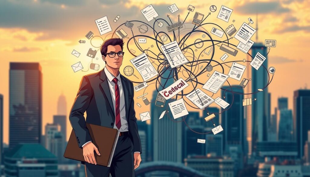 A detailed illustration of the fiscal aspects of the "creator-employee" dual status. In the foreground, a smartly dressed professional with both a briefcase and a sketchpad, symbolizing the balance between employment and entrepreneurship. In the middle ground, an intricate web of financial calculations, tax forms, and legal documents, representing the complex fiscal considerations. The background features a cityscape with modern skyscrapers, conveying the dynamic business environment. The scene is illuminated by a warm, golden light, creating a sense of thoughtfulness and diligence. The overall mood is one of careful planning, attention to detail, and the harmonious integration of salaried work and creative entrepreneurship.