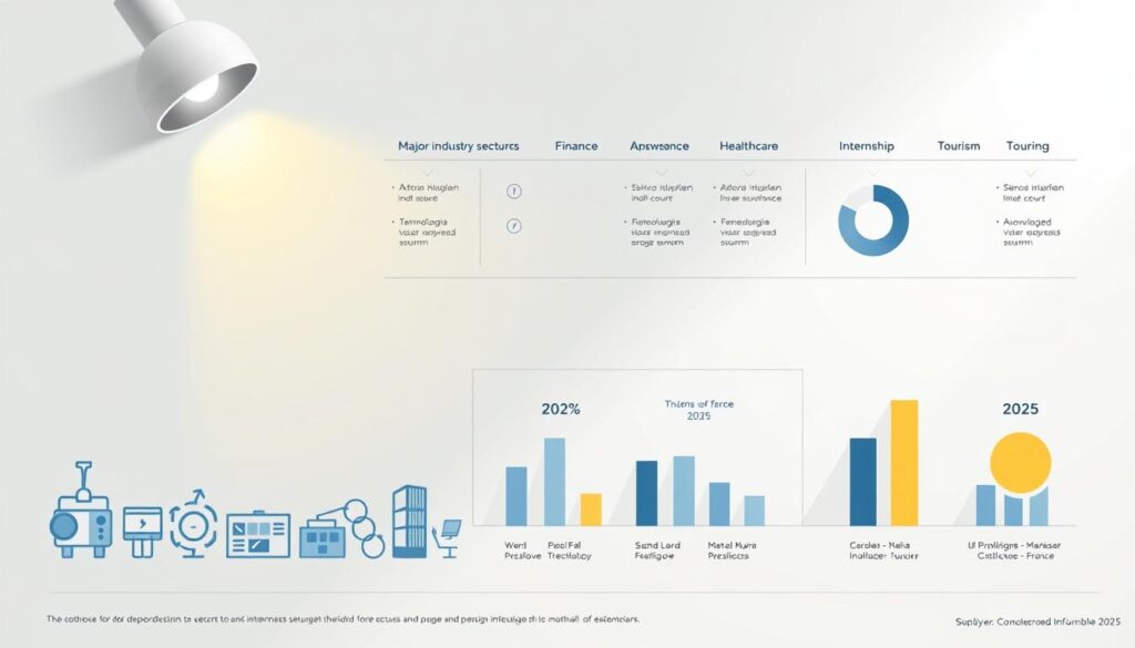 A detailed infographic depicting the major industry sectors and associated internship opportunities in France for the year 2025. A clean, minimalist layout with geometric shapes, icons, and a muted color palette of blues, grays, and yellows. The foreground features stylized, simplified icons representing diverse fields like technology, finance, healthcare, and tourism. The middle ground showcases proportional bar graphs or pie charts highlighting the relative popularity and availability of internships within each sector. The background features a subtle French-inspired pattern or texture, creating a professional, sophisticated atmosphere. Crisp lighting from the top left casts gentle shadows, enhancing the sense of depth. The overall impression is one of comprehensive, data-driven information presented in a visually striking, easy-to-digest manner.