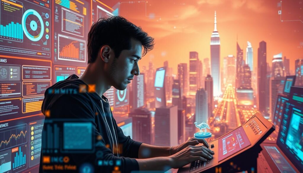 A dynamic digital landscape with a person immersed in a world of interactive screens, data visualizations, and coding interfaces. The foreground features a focused individual manipulating digital controls, surrounded by a middle ground of holographic displays and virtual 3D models. The background showcases a futuristic cityscape with glowing skyscrapers and a vibrant, neon-lit atmosphere, conveying the ever-evolving nature of digital skills. Warm, directional lighting highlights the key elements, creating a sense of depth, technological mastery, and the promise of new possibilities in the digital age.