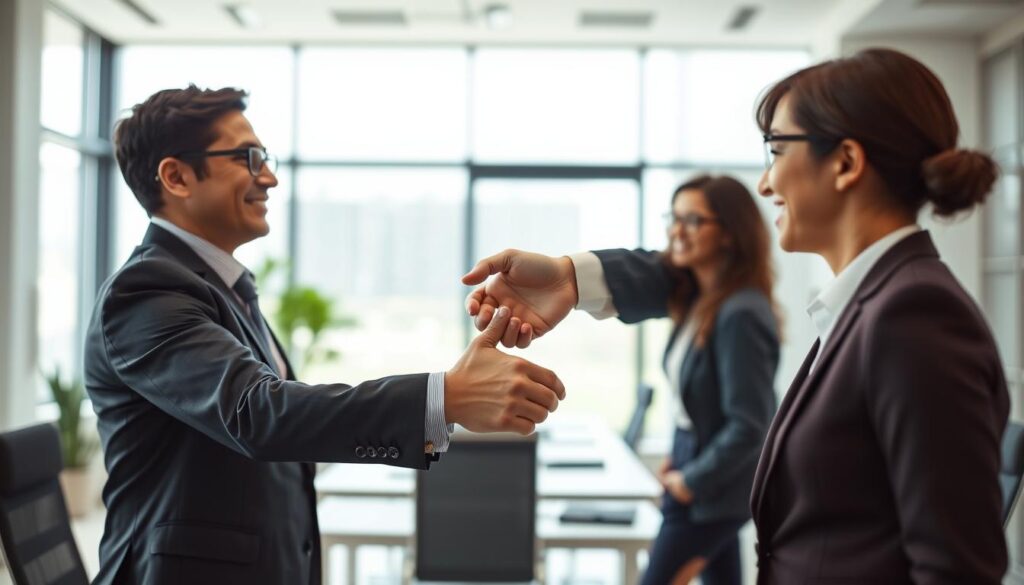A formal contract handshake between two businesspeople in a modern office setting. The handshake is the focal point, with both parties dressed in professional attire. The background features a clean, minimalist workspace with large windows allowing natural light to filter in, creating a bright and airy atmosphere. The overall mood is one of agreement, collaboration, and a positive professional relationship. The camera angle is slightly elevated, capturing the handshake from a slightly overhead perspective to emphasize the importance of the moment. The lighting is soft and diffused, creating subtle shadows and highlights that accentuate the details of the scene.