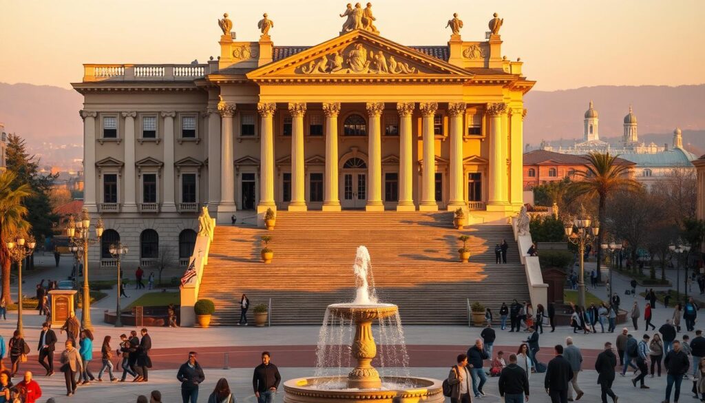 A grand, ornate town hall facade, its ornate columns and pediments bathed in warm, golden afternoon light. In the foreground, a busy public square with citizens bustling about, a fountain gurgling gently. In the middle ground, a sweeping staircase leads up to the main entrance, its steps flanked by potted plants and benches. The background features a hazy horizon, with the spires and domes of a nearby prefecture building visible in the distance. The overall scene conveys a sense of civic pride, historical significance, and the hustle and bustle of municipal life.