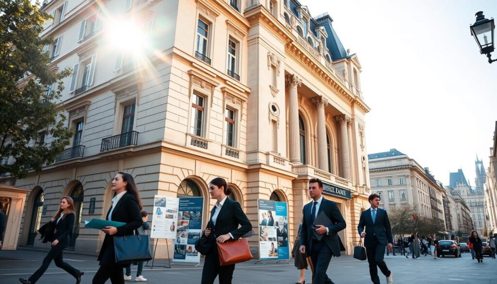 A grand, stately French bank building stands tall, its classical architecture and ornate facade commanding attention. Sunlight filters through the large windows, casting a warm glow across the scene. In the foreground, well-dressed professionals stride purposefully, carrying folders and laptops - young interns eager to embark on prestigious banking programs. The middle ground showcases informative displays and promotional materials, highlighting the diverse internship opportunities available at these esteemed financial institutions. In the background, the bustling city skyline provides a dynamic backdrop, reflecting the dynamic nature of the banking industry. An atmosphere of professionalism, opportunity, and tradition pervades the image, capturing the essence of France's leading banks and their sought-after internship programs.