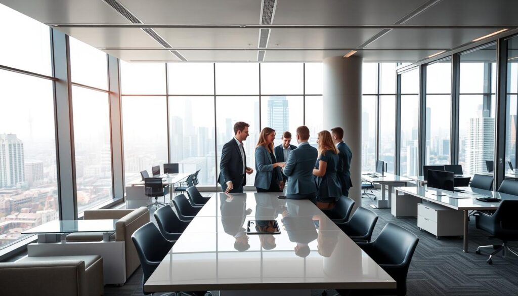 A large, modern office interior with sleek, contemporary furniture and floor-to-ceiling windows overlooking a bustling cityscape. In the foreground, a group of young professionals in business attire collaborate around a polished conference table, engaged in a lively discussion. Soft, directional lighting illuminates the space, creating a professional and productive atmosphere. The middle ground features neatly organized workstations and state-of-the-art technology, while the background showcases the dynamic urban landscape, suggesting the scope and scale of the enterprise. The overall scene conveys the opportunities, resources, and collaborative nature of a prestigious corporate internship.