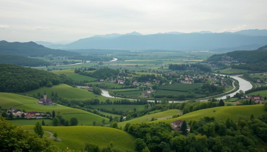 A lush, verdant landscape spanning the Grand Est and Hauts-de-France regions of France. In the foreground, rolling hills dotted with charming villages, their terracotta roofs and church steeples peeking out. Winding rivers and streams meander through the countryside, reflecting the soft, diffused light of an overcast day. In the middle ground, dense, ancient forests give way to sprawling farmlands and vineyards, their rows of vines and crops creating a patchwork effect. The background is dominated by the majestic peaks of the Vosges and Ardennes mountain ranges, their rugged silhouettes providing a dramatic counterpoint to the gentler pastoral scenes. An atmospheric, cinematic scene that captures the unique character and natural beauty of these two distinct yet interconnected regions of France.