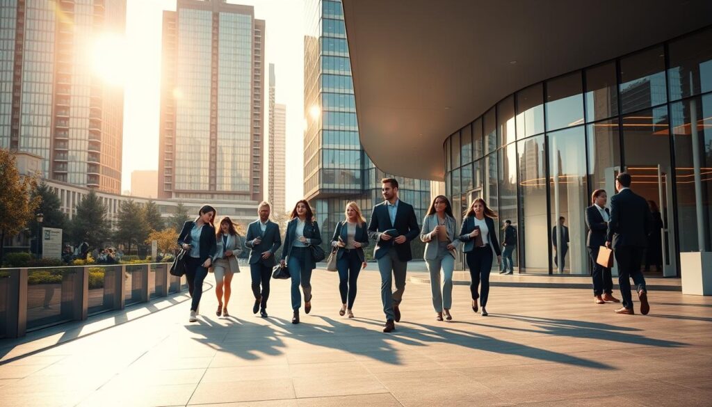A majestic corporate campus, its towering glass facades shimmering in the golden afternoon light. In the foreground, a group of eager young professionals stride confidently, portfolios in hand, as they approach the recruitment pavilion - a sleek, modern structure where interviews and assessments take place. The campus is alive with activity, as seasoned managers greet prospective interns, discussing opportunities and exchanging ideas. The scene exudes a sense of ambition, opportunity, and the promise of a dynamic, rewarding career at one of France's most renowned enterprises. The lighting is soft, the composition balanced, drawing the viewer's eye towards the heart of the recruitment process, where the next generation of talent is poised to join the ranks of these venerable French corporate giants.