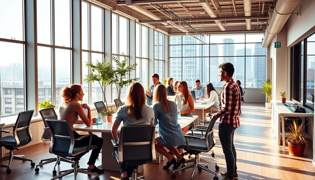A modern, airy startup office space, bathed in warm natural light filtering through large windows. In the foreground, a team of young professionals in casual attire engaged in a lively discussion around a sleek conference table, their faces animated with enthusiasm. The middle ground showcases a vibrant, open-concept work area with ergonomic desks, potted plants, and colorful decor elements that create a stimulating, creative atmosphere. In the background, the silhouette of the city skyline is visible, underscoring the dynamic, forward-thinking nature of the startup environment.