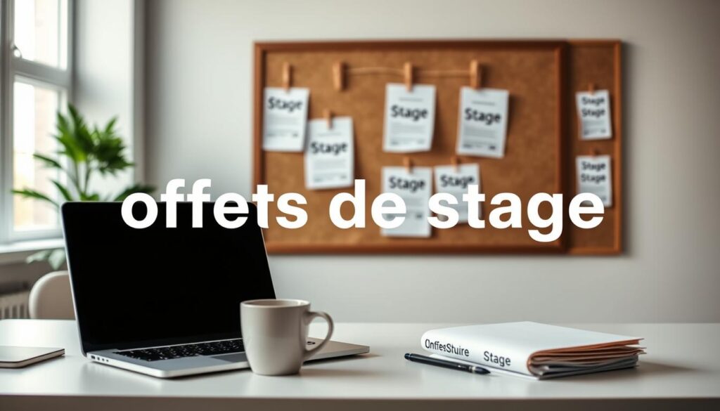 A modern and minimalist image of "offres de stage" showcasing various employment opportunities. The foreground displays a clean and organized desktop with a laptop, coffee mug, and a few folders labeled "Stage". The middle ground features a corkboard with employment postings pinned up, providing a sense of the job search process. The background subtly blurs into a professional office setting, with neutral-toned walls and a window providing natural lighting. The overall mood is one of productivity, focus, and the potential for career growth through internships. The image conveys a sense of opportunity and the process of finding the right stage position.
