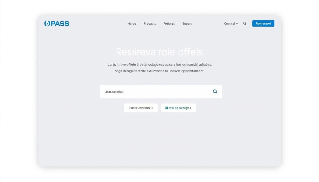 A modern, clean, and minimalist user interface design for the "Plateforme PASS recherche offres" website, featuring a minimalist layout with a large, central search bar and prominent call-to-action buttons. The design should have a professional, government-approved aesthetic, with a neutral color scheme of blues, grays, and whites. The overall impression should be one of efficiency, organization, and user-friendliness, reflecting the purpose of the platform to help job seekers find employment opportunities. The image should be captured from a slightly elevated, frontal angle to showcase the design in a clear, uncluttered manner.