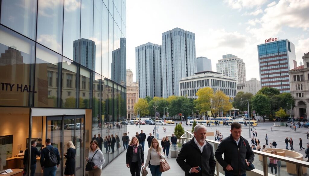 A modern, clean-lined city hall building in the foreground, its glass facade reflecting the sky and surrounding structures. In the middle ground, citizens move through the building's entrance, waiting areas, and service counters, their expressions focused and purposeful. In the background, a bustling urban landscape with towering government office buildings, trees, and a hint of a public square or plaza. Warm, natural lighting filters through the windows, creating a sense of openness and efficiency. The overall scene conveys the organized, service-oriented nature of municipal administration in a major European city.