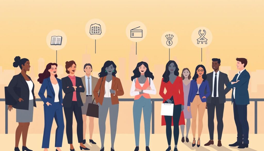 A modern, minimalist illustration depicting the rights of interns in France. In the foreground, a group of diverse young professionals stand confidently, representing the interns' diverse backgrounds. In the middle ground, symbolic icons hover, representing key intern rights such as fair compensation, reasonable work hours, and access to training. The background features a stylized cityscape, hinting at the professional environment in which these rights are exercised. The scene is bathed in warm, natural lighting, conveying a sense of empowerment and progress. The overall mood is one of optimism and forward momentum, showcasing the interns' rightful place in the French workforce.