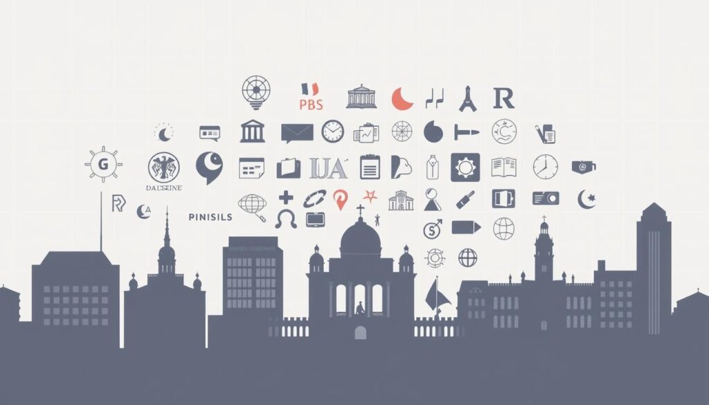 A modern, minimalist illustration depicting various government ministries and departments, showcasing the diverse opportunities available for internships and careers in the public sector. The foreground features silhouetted office buildings and government logos in a muted color palette, conveying a sense of professionalism and opportunity. The middle ground showcases dynamic icons and symbols representing different ministries, departments, and job roles, arranged in a visually engaging layout. The background has a subtle grid or organizational pattern, hinting at the structured nature of the public service. The overall mood is one of sophistication, possibility, and a focus on the breadth of options within the French civil service.