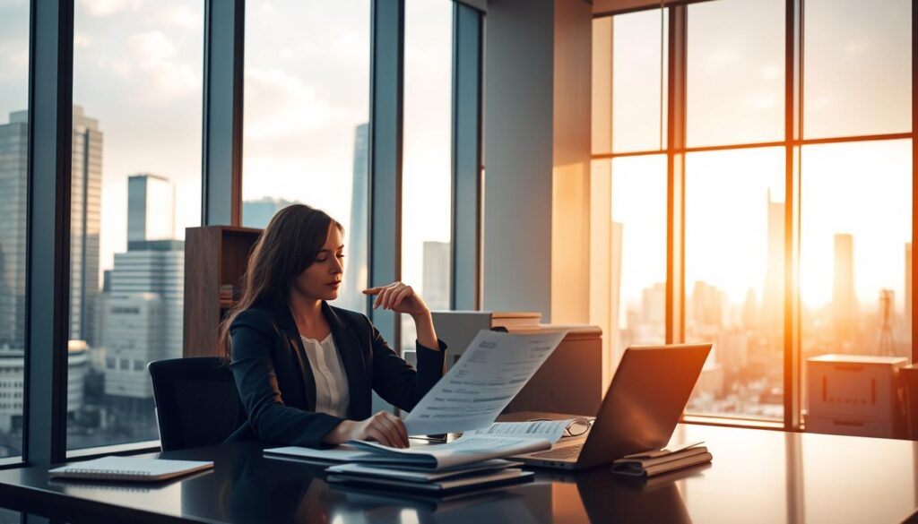 A modern office interior with large windows overlooking a bustling city skyline. In the foreground, a woman sits at a desk, deep in thought, reviewing financial documents and a laptop screen. She is wearing professional attire and appears focused on the task at hand. In the middle ground, a bookshelf and filing cabinet suggest the administrative nature of the space. The background is bathed in warm, natural lighting, creating a calm and contemplative atmosphere. The overall scene conveys the process of planning and financing a professional transition or career change.
