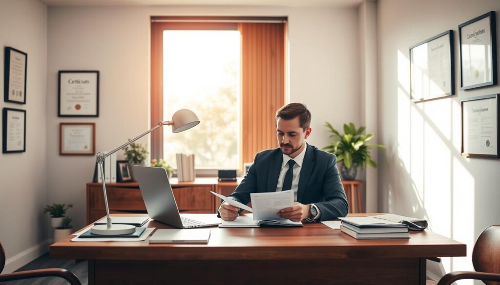 A modern office setting with a central wooden desk, neatly organized with documents, a laptop, and a sleek desk lamp. Behind the desk, a large window allows natural light to flood the room, casting a warm glow. On the walls, framed certificates and awards hang, symbolizing professionalism and expertise. In the foreground, a well-dressed professional, possibly a human resources manager, sits at the desk, engaged in paperwork related to internship compensation. The atmosphere exudes a sense of diligence, attention to detail, and compliance with labor regulations.