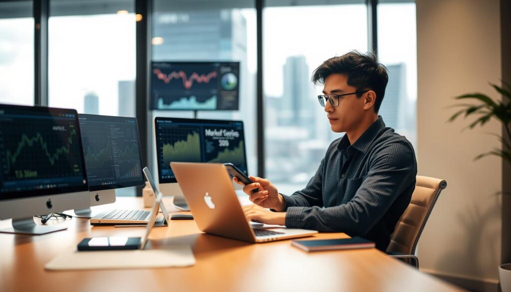 A modern office setting, with a mid-ground depicting a young professional using a laptop and smartphone, surrounded by digital devices and screens displaying analytical data and marketing metrics. The background showcases a blurred cityscape outside the window, conveying a sense of the digital world intersecting with the real one. Soft, diffused lighting creates a warm, productive atmosphere. The overall composition emphasizes the integration of digital tools and strategies into the daily work life of an entrepreneurial individual.
