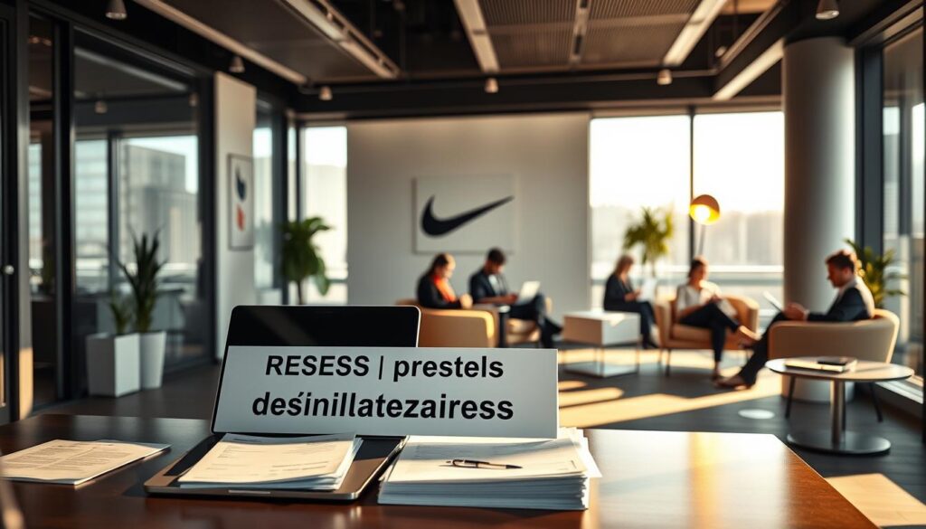 A modern office setting with a sleek, professional atmosphere. In the foreground, a recruiter's desk with a laptop, stack of resumes, and a stylized "Processus de Candidature" sign. Behind it, candidates sitting in comfortable chairs, engaged in conversation or filling out application forms. The middle ground features a backdrop of floor-to-ceiling windows, allowing natural light to flood the space. The walls are adorned with minimalist artwork and company branding, conveying a sense of prestige and opportunity. Warm, directional lighting casts subtle shadows, creating depth and a sense of focus on the recruitment process. The overall mood is one of anticipation, professionalism, and the possibility of a rewarding career path.
