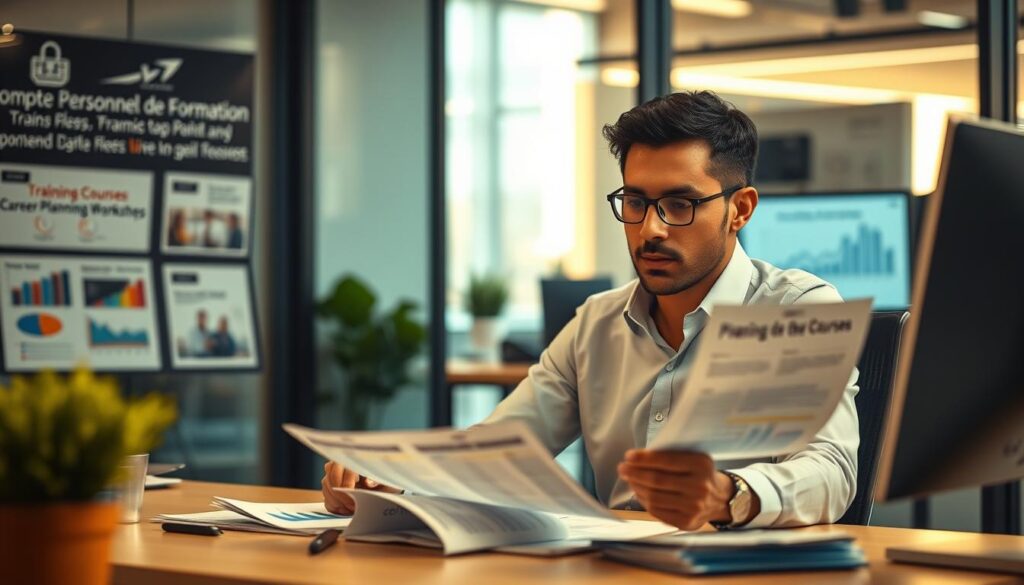 A modern office workspace with an employee sitting at a computer desk, intently studying financial documents and charts related to the Compte Personnel de Formation (CPF) program. The lighting is warm and focused, creating a productive and contemplative atmosphere. In the background, blurred images of training courses, career transition workshops, and financial planning resources hint at the broader context of professional development and career change. The composition emphasizes the central role of the CPF in facilitating this process, with a sense of purpose and attention to detail conveyed through the subject's body language and facial expression.