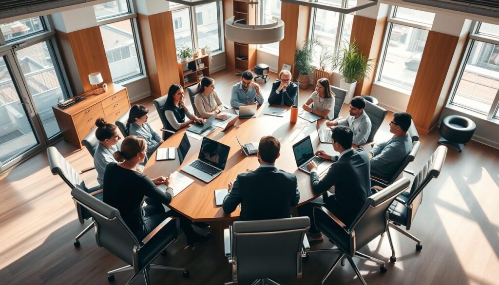 A modern, well-lit office interior with a large conference table surrounded by comfortable office chairs. Sunlight streams in through floor-to-ceiling windows, casting a warm glow over the polished wooden surfaces and tasteful decor. A group of young professionals are seated around the table, engaged in a lively discussion, with laptops and papers scattered across the surface. The atmosphere is one of collaboration and productivity, reflecting the dynamic nature of a private enterprise. The camera angle is slightly elevated, providing a comprehensive view of the scene.