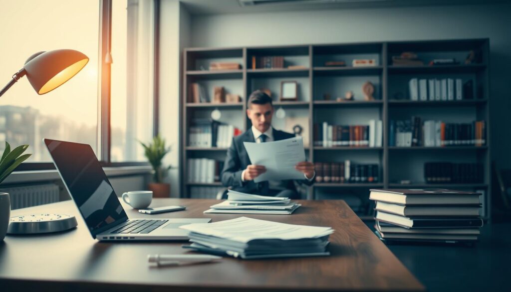 A modern, well-lit office scene. In the foreground, a desk with a laptop, pen, and stack of documents. On the desk, a stylish desk lamp casts a warm glow. In the middle ground, a person, smartly dressed in professional attire, sits thoughtfully reviewing application materials. Shelves of engineering books and awards line the walls in the background, suggesting an accomplished career. Soft, natural lighting filters in through large windows, creating a contemplative atmosphere. The overall scene conveys the careful preparation and attention to detail required when applying for an engineering internship.
