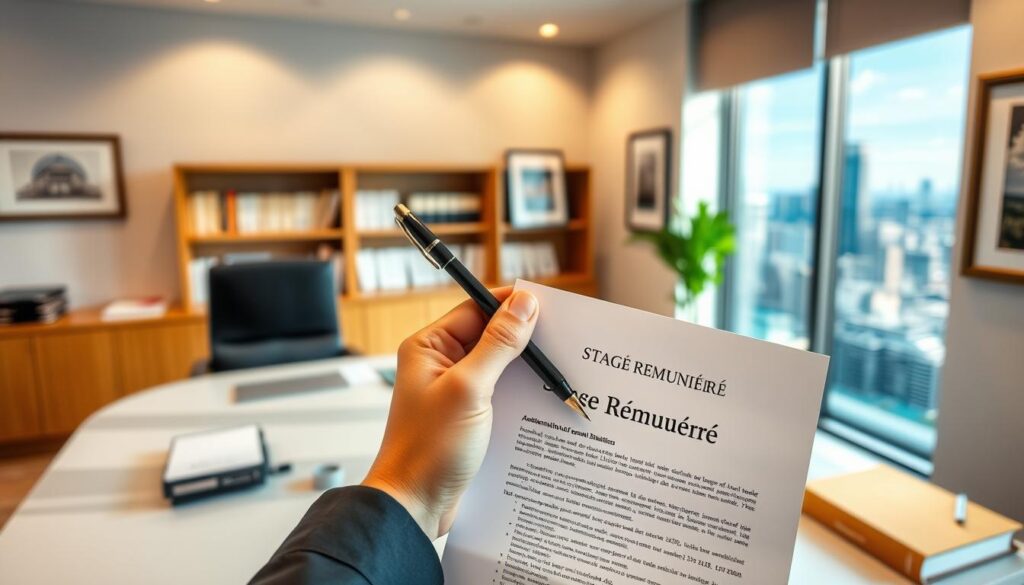 A modern, well-lit office setting with a desk, chair, and computer. In the foreground, a hand holding a legal document titled "Stage Rémunéré" with a pen hovering over it, signifying an active, professional negotiation. The middle ground features a window overlooking a vibrant city skyline, creating a sense of urban professionalism. The background showcases bookshelves and framed artwork, conveying an atmosphere of intellectual rigor. The lighting is warm and natural, casting a soft glow across the scene. The overall mood is one of serious contemplation and legal expertise.