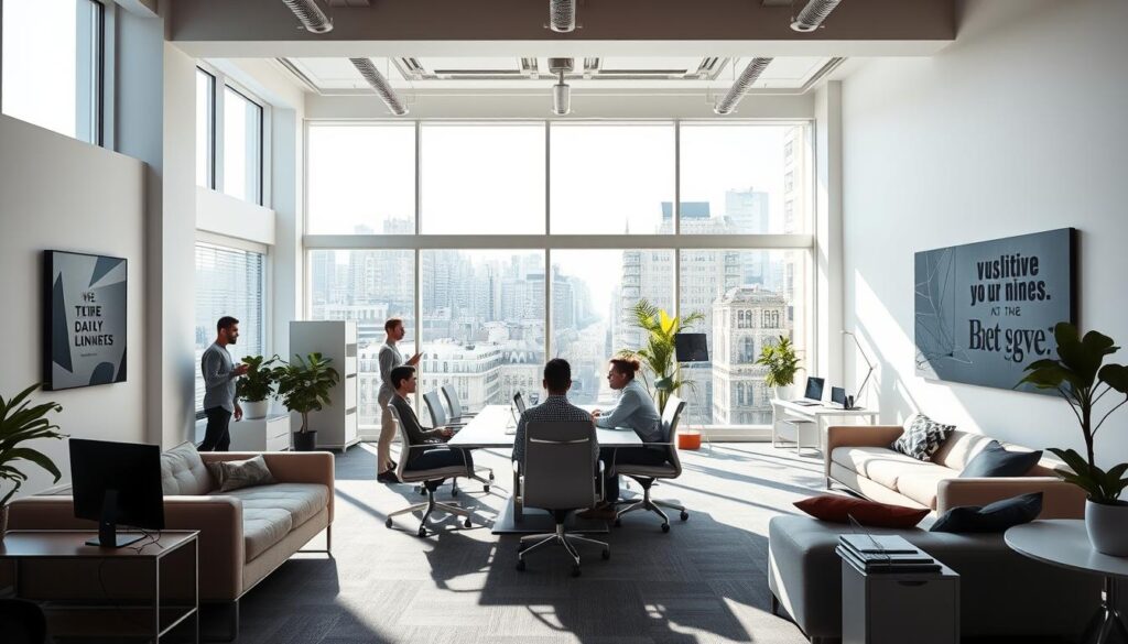 A modern, well-lit office space with sleek, minimalist furniture and an abundance of natural light streaming in through large windows. The layout emphasizes open collaboration, with employees engaged in productive discussions around a central conference table. The walls feature inspirational artwork and motivational quotes, creating a sense of professionalism and forward-thinking. The atmosphere is one of efficiency and contentment, reflecting the positive work culture and employee-centric policies in place. The overall scene conveys the ideal "Conditions de Travail" for a successful and fulfilling internship experience.