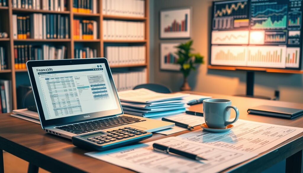 A neatly organized desk with stacks of financial reports, a laptop displaying complex spreadsheets, and a calculator resting beside a cup of coffee. The lighting is warm and focused, creating a professional and productive atmosphere. In the background, a bookshelf filled with finance-related volumes and a wall-mounted display showcasing various financial charts and graphs. The scene conveys the technical skills and analytical prowess required for success in the finance industry.