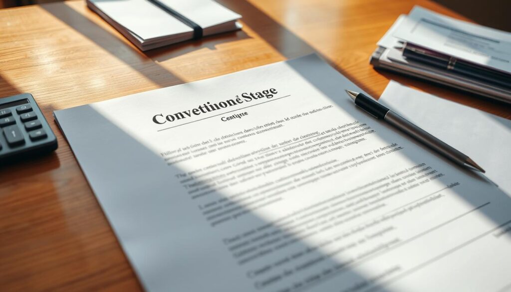A neatly organized document titled "Convention de Stage" lying on a clean, wooden desk. Crisp, white pages with clear black text and a formal header. The document is surrounded by a few office supplies like a pen, a calculator, and a small stack of papers, all casting soft shadows. Warm, natural lighting from a window casts a gentle glow, creating a professional and focused atmosphere. The overall scene conveys the importance and seriousness of this legal contract for a work placement or internship.