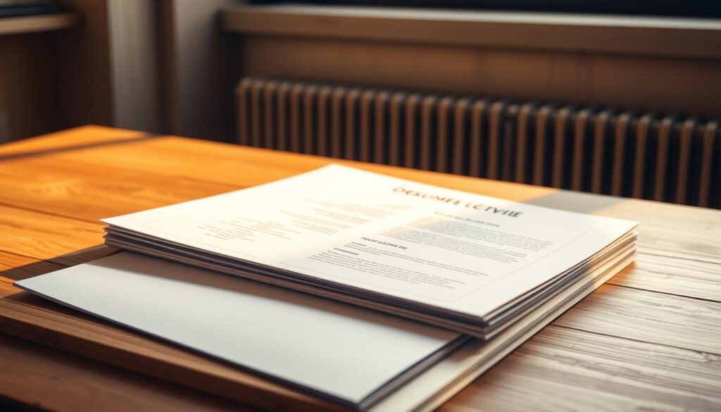 A neatly organized dossier de candidature resting on a wooden desk, illuminated by warm, diffused lighting from a large window. The dossier features a clean, minimalist design with carefully arranged documents, including a resume, cover letter, and supporting materials. The background is blurred, placing the focus on the dossier and creating a professional, yet inviting atmosphere. The overall composition conveys a sense of attention to detail, preparedness, and a compelling job application.
