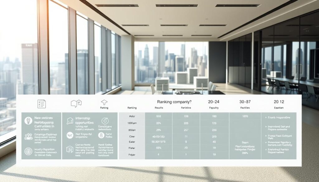 A neatly organized infographic showing the methodology for ranking companies, set against a backdrop of a sleek, modern office environment. In the foreground, a series of icons and data visualizations illustrate the key criteria used in the ranking process, such as internship opportunities, employee satisfaction, and industry reputation. In the middle ground, a minimalist table or chart presents the high-level results, with clean typography and an elegant color palette. The background features a panoramic view of a bustling city skyline, conveying a sense of scale and ambition. Soft, directional lighting from large windows casts a professional, authoritative tone over the entire scene.
