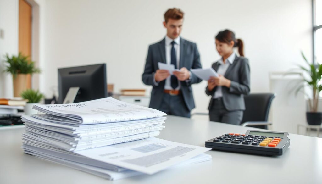 A neatly organized office workspace with a desk, computer, and other administrative supplies. In the foreground, a stack of financial documents and a calculator symbolize the monetary aspects of an internship or work placement. The middle ground features a well-dressed professional, possibly a mentor or supervisor, discussing compensation details with a younger, attentive intern. The background depicts a modern, minimalist office environment with clean lines, natural lighting, and a sense of organization and productivity. The overall scene conveys the key elements of an internship or work placement in an administrative setting, focusing on the financial considerations and professional guidance.